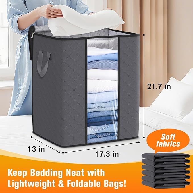 Clothes Storage Bags, 10-Pack Comforter Blanket Organizers, 80L Large Capacity Containers with Visual Window for Clothing, Quilt, Sheet, Pillow, Closet Organization for Bedding (Grey)