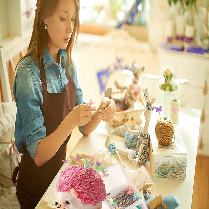 CICILIAYA Hedgehog Shape Pin Cushion, Cute Pincushions Sewing Kit Lovely Needle Cushions Pins Holder Sewing Accessories Supplies with 100Pcs Colored Butterfly Pins for Quilting DIY Crafts Patchwork