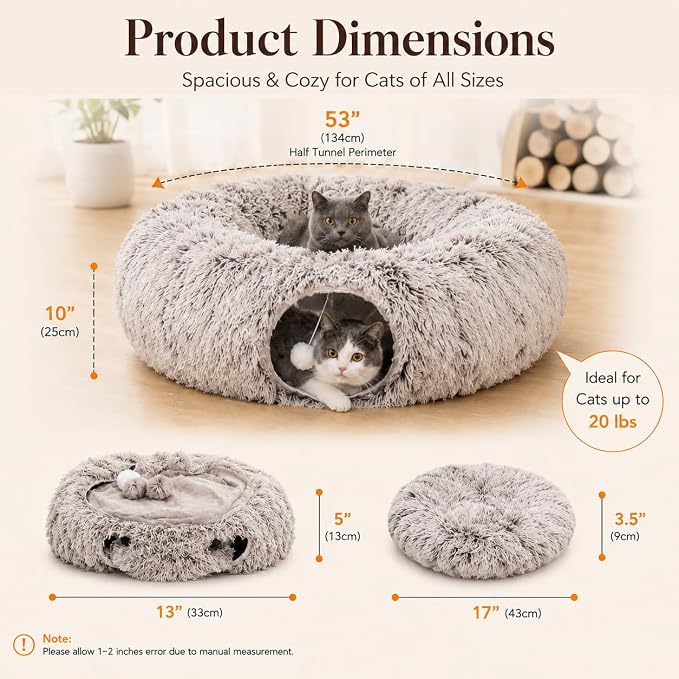 Warm Fluffy Plush Cat Tunnel Bed Under Christmas Tree Big Tube Playground Toys 3 FT Diameter Longer Crinkle Collapsible 3 Way, for Indoor Cat Kitty Kitten Puppy Rabbit Ferret Brown