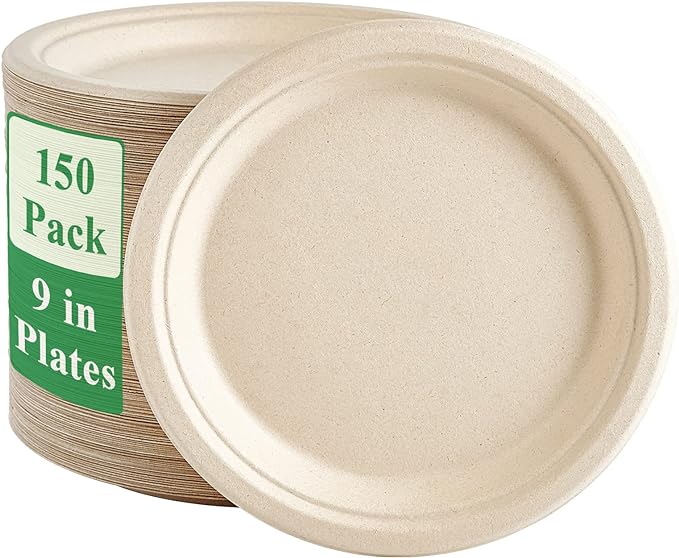 Vplus 150 Pack Paper Plates 9 inch 100% Compostable, Heavy-Duty Disposable Paper Plates Bagasse Natural Biodegradable Eco-Friendly Sugarcane