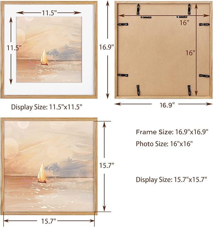 Solid Oak Wood 16x16 Picture Frames, 16"x16" Picture Frame Matted to 12"x12", Square Frames 16 x 16 with Tempered Glass, 16 by 16 Photo Frame for Wall (Beige Oak Color, 3 Pack)