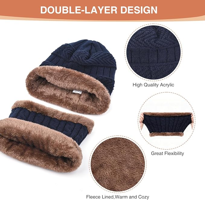 Winter Beanie Hat Scarf Glove Set for Women Snow Knit Thick Fleece Lined Ski Hat,Mens Warm Neck Warmer Touchscreen Mittens