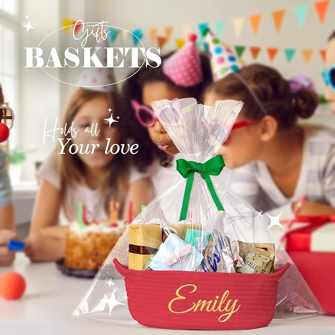 HUTARIO Personalized Woven Christmas Burr Basket Embroidered Name with Gift Bags and Ribbons,Empty Small Rope Basket，Durable Storage Custom Red Basket with Handles for Baby Showers,12"×8"×5"