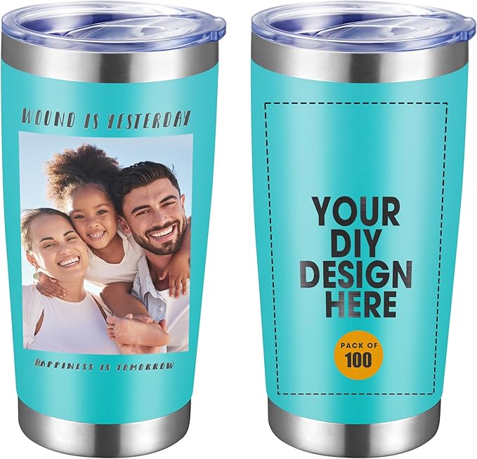 Personalized Custom Tumbler Print in USA 100 Pcs 20oz Stainless Steel Coffee Cup with Lid & Straw Double Wall Insulated Tumbler with Colorful Text Logo Photo