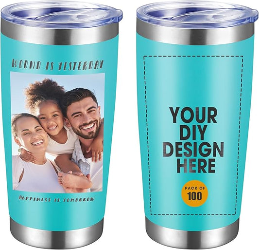 Personalized Custom Tumbler Print in USA 100 Pcs 20oz Stainless Steel Coffee Cup with Lid & Straw Double Wall Insulated Tumbler with Colorful Text Logo Photo