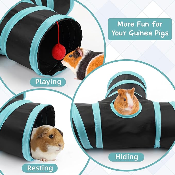 Rypet Guinea Pig Tunnel Hideout 3-Way Collapsible Pet Tubes, Blue Black | 3 Way Design for Exploration, Collapsible for Easy Storage, Built-in Play Ball, Hiding & Resting for Hamsters Ferrets