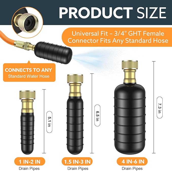 3-Pack Drain Bladder Kit, Water-Powered Rubber Drain Cleaning Bladder, Fits 1 to 6 Inch Pipes, Ideal for Clearing Bathroom Sinks, Showers, Swimming Pool Drains, Kitchen Sinks and Main Drains Clogs