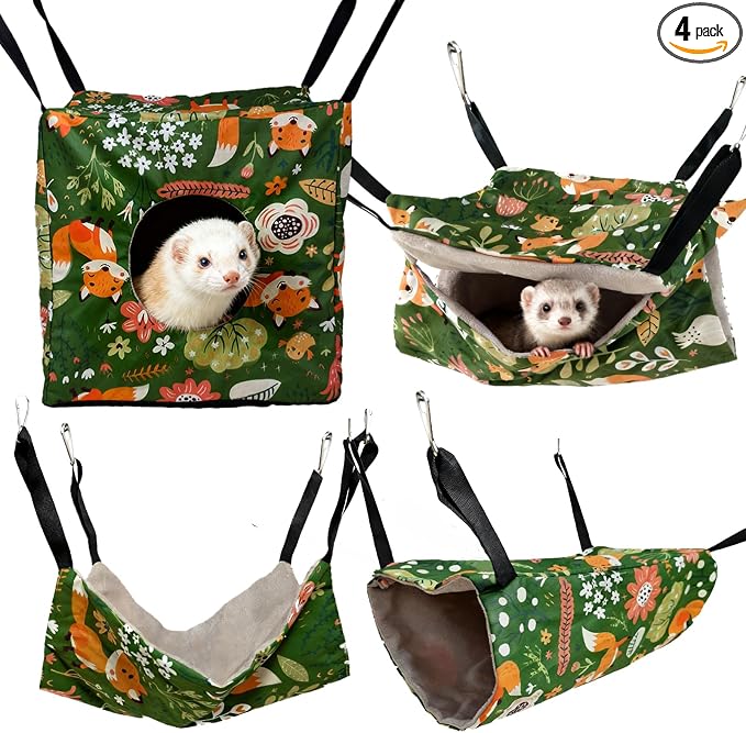 kathson 4 PCS Ferret Hammock Set,Washable Guinea Pig Hideout Bed,Soft Hamster Toys Hanging Tunnel Mats, Small Pets Cage Accessories for Rat, Sugar Glider, Squirrel(Green)