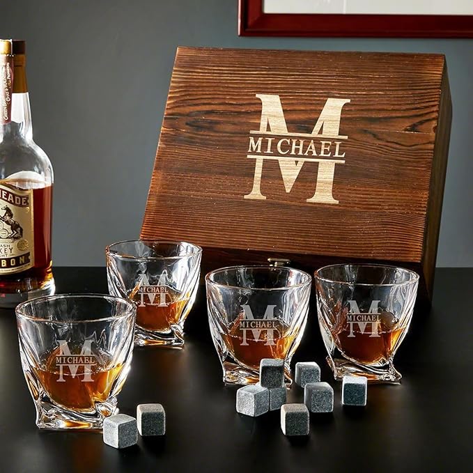 Personalized Whiskey Glasses – Custom Engraved Twist Whiskey Glass Set of 4 & Display Case with Whisky Stones by Home Wet Bar