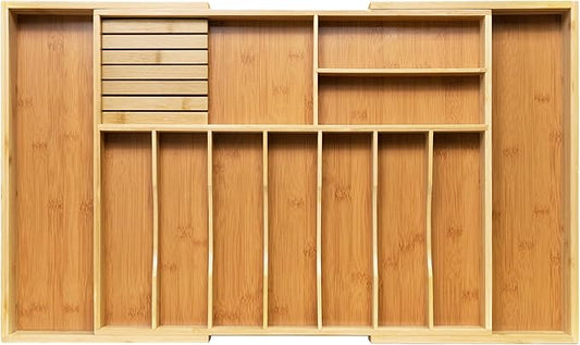 VaeFae Extra Large Kitchen Utensil Holder, Bamboo Silverware Drawer Organizer, Expandable Cutlery Organizer with Knife Block, Multifunctional Wooden Drawer Divider (10-12 compartments)