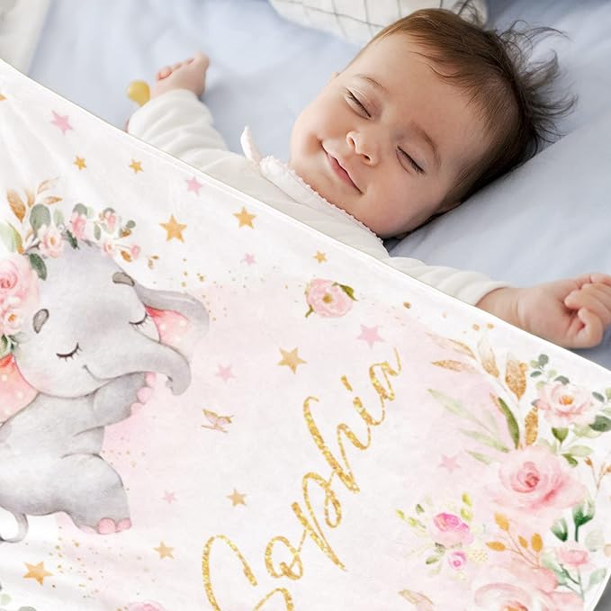 Custom Elephant Blanket with Name for Girl, Personalized Name Blanket for Kids, Soft Flannel Pink Elephant Toddler Blanket Customized Gift for Birthday Christmas Children Day 40x50inch
