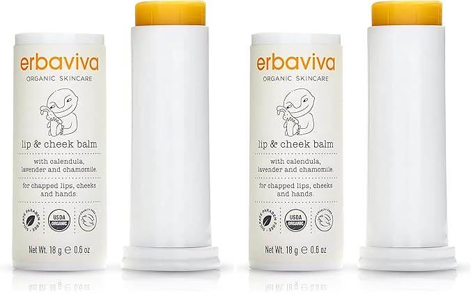 Erbaviva Organic Lip & Cheek Balm – Moisturizing Stick for Baby & Adults | USDA Organic, Shea Butter & Calendula for Dry, Chapped Skin | Lip, Cheek & Hand Protection (Pack of 2)
