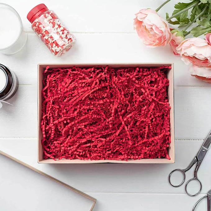 1LB Red Crinkle Cut Paper Shred Filler, Gift Box Stuffing Decorative Shredded Crinkle Paper, Holiday Shred Filler for Christmas Gift Bags Baskets and Packaging