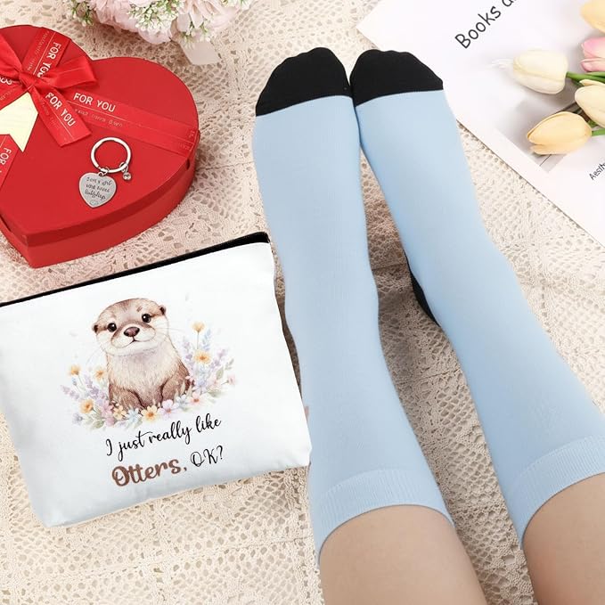 Talltalk 6 Pcs Otter Gifts for Women Sea Otter Lover Gifts Set, Socks Canvas Bag Makeup Bag Spiral Notebook Ballpoint Pen and Stainless Steel Keychain for Christmas Birthday Graduation Thanksgiving