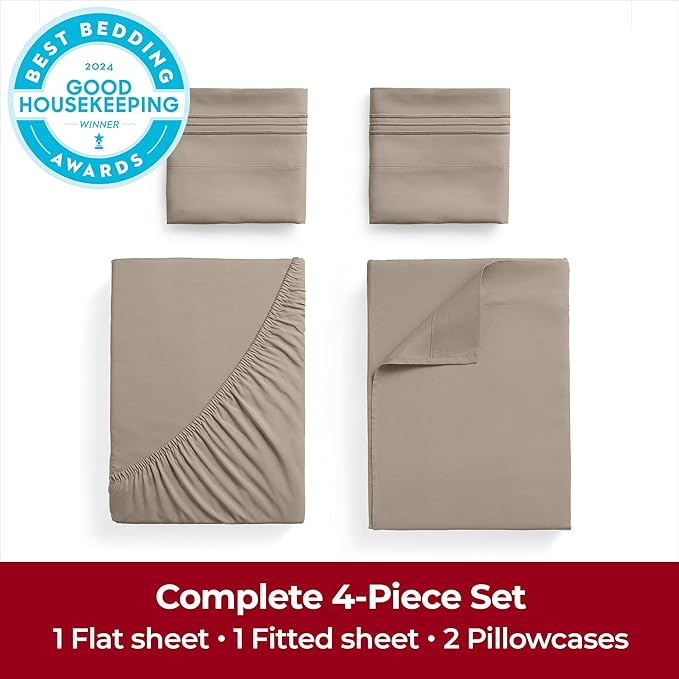 Mellanni Extra Deep California King Sheets - 4 PC Iconic Collection Bedding - Hotel Luxury, Ultra Soft, Cooling Bed Sheets - Wrinkle, Fade, Stain Resistant (Cal King, Tan)