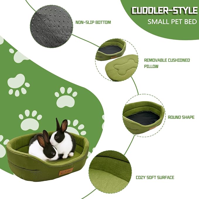 Rabbit Bed,Soft & Washable Bunny Bed with Cozy Removable Mat, Small Animal Cuddle Cup Hideout for Guinea Pig,Chinchilla, Hedgehog, Ferret (Green)