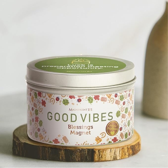 MAGNIFICENT 101 Good Vibes Manifestation Candle - 6 oz Light Brown Soy Wax Tin - Sage & Sandalwood Scented Candle for Chakra Healing & Luck