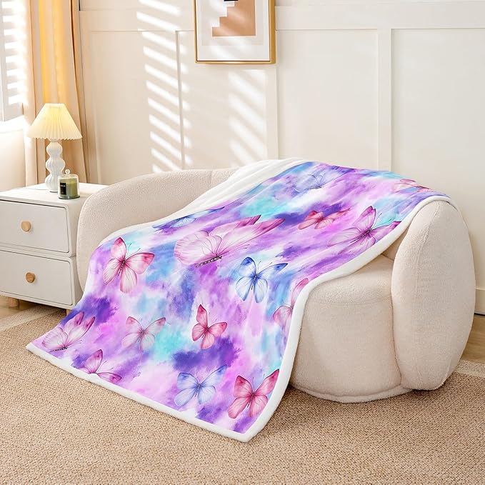 Feelyou Girls Butterfly Fleece Throw Blanket Baby 30"x40" Kids Tie Dye Watercolor Sherpa Blanket Plush Fuzzy for Bed Couch Chair Living Room, Dreamy Girly Bed Blanket Colorful Room Decor
