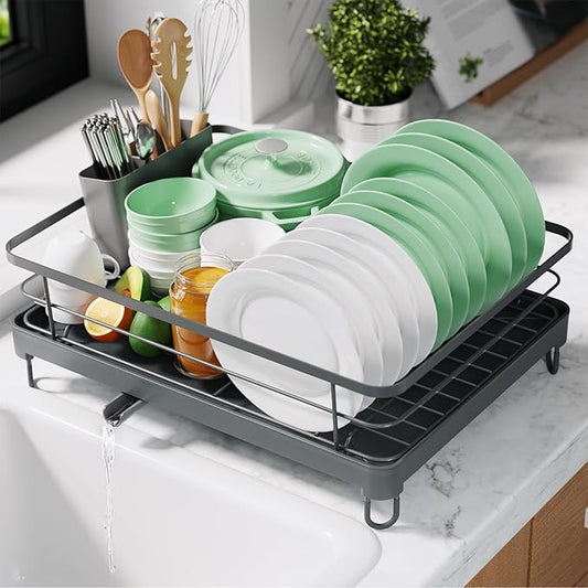 Kitsure Dish Drying Rack for Kitchen Counter, Stainless Steel Sink Organization and Storage Essentials with Cutlery Holder, Home and Appartment Decor, 12.7''W x 16.7''L, Grey
