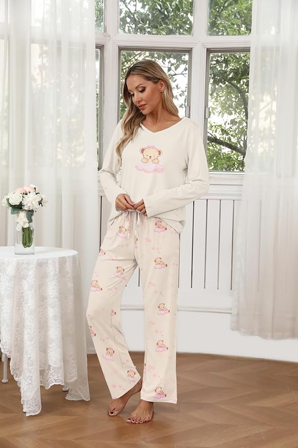 Ekouaer Womens 2 Pack Pajama Set Long Sleeve Pajamas Top and Pants V Neck Pjs Set Soft Loungewear with Pockets
