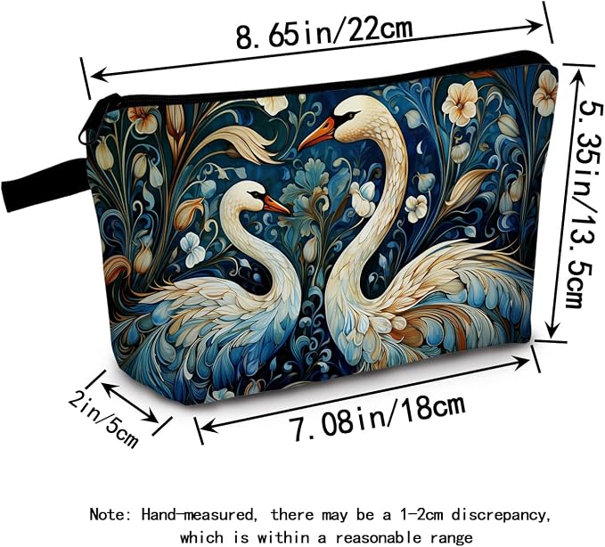 Swan & Floral Print Cosmetic Bag Nature Gift for Birthdays & Holidays Zippered Garden Organizer Travel Makeup Bag