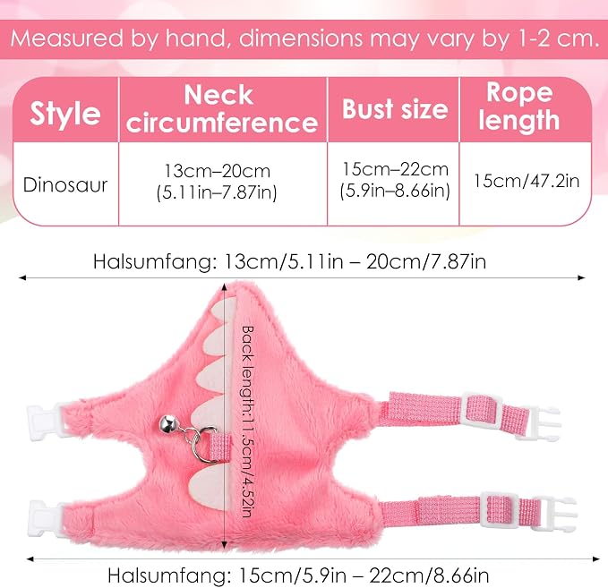 Ferret Harness and Leash Set Small Animals Vest Harness with Safe Bell Dinosaur Shaped Leash Set for Baby Rabbit Guinea Pig Teacup Chihuahua Mouse and Other Small Pet (Pink)