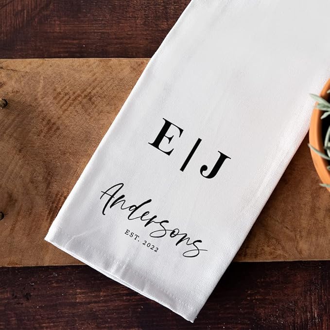 Andaz Press Personalized Kitchen Towel, Flour Sack Tea Towel, Couples Monogram Initials Last Name Custom Kitchen Gift, Wedding Housewarming for Couples, Bridal Shower Farmhouse