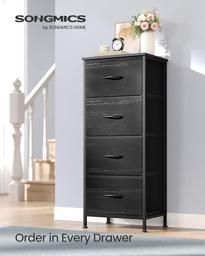 SONGMICS BELLAH Collection - Dresser for Bedroom, Chest of Drawers, Storage Organizer Unit, Closet, Entryway, Steel, 4 Drawers, Modern, Ebony Black ULGS314BE02S