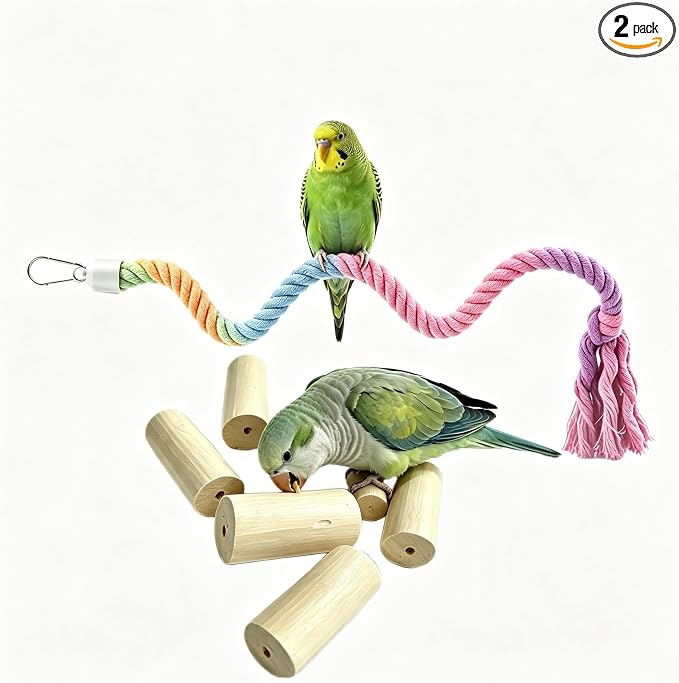 Bendable Parrot Rope Perch with Wood Chew for Parakeet Cockatiel | Soft twisted cotton rope, natural wood chew blocks, bendable design, beak trimming, fits standard wire bird cages