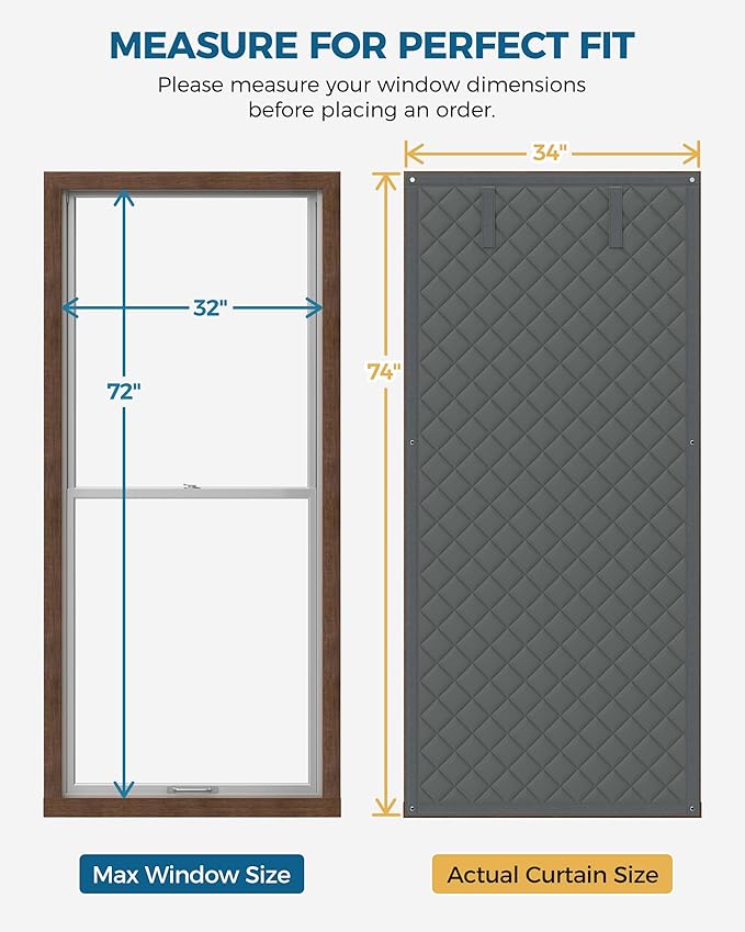 Thermal Insulated Window Cover, Curtain Size 34 x 74 Inch, Quilted Oxford Cloth Thick Cotton Filled, Fits up to 32''×72'' Windows, Ideal for Keeping Warm in Winter, Grey