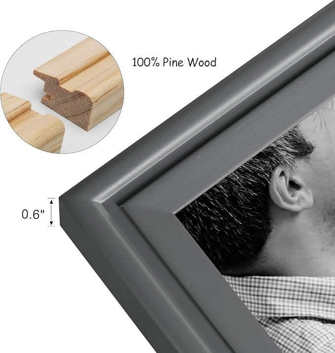 5x7 Double Horizontal Hinged Wood Picture Frame Folding Photo Frame with Real Glass Front in Gray for Tabletop, Display 4x6 with Mat or 5x7 without Mat X2-HUI-2H57