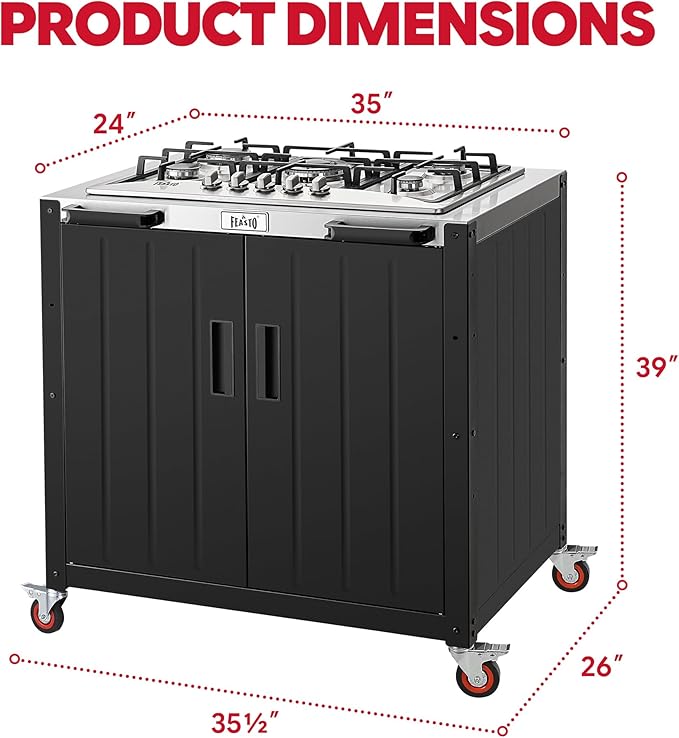 Feasto Gas Grill, Movable Outdoor Gas Stove Stainless Steel Top with Cabinet, 5 Burners with 36,200 BTUs, Outdoor Propane Grill for Outdoor Cooking, Ideal for Lawn & Garden, L35.4 x W24