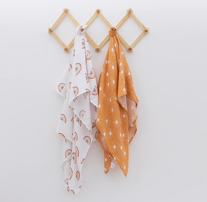 Organic Baby Muslin Swaddle Blankets for Boy or Girl - Sun and Rainbow Swaddling Blanket 2 Pack - Soft Muslin, XLarge and Breathable, Boho Baby, 47" X 47"