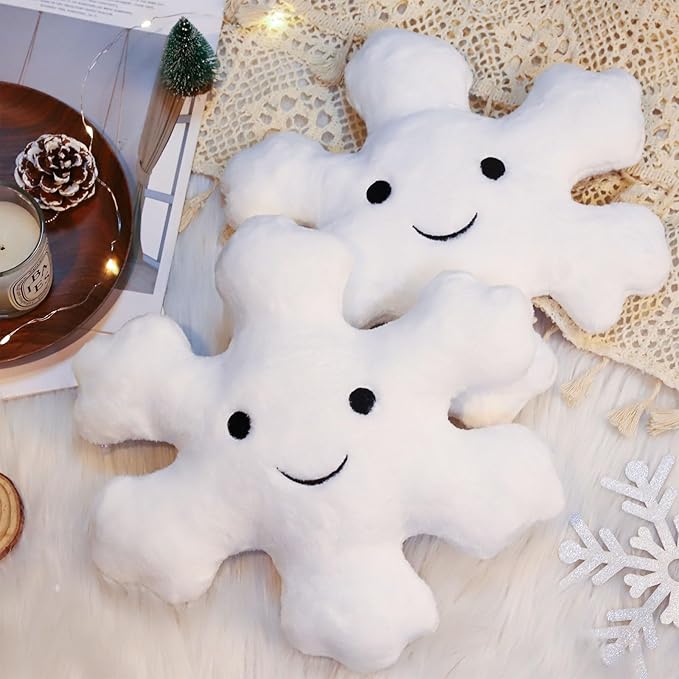 Whaline 2Pcs Christmas Snowflake Pillows Cute Winter Snowflake Shaped Throw Pillow Decorative Xmas White Plush Pillow for Home Office Couch Sofa Bed Decor