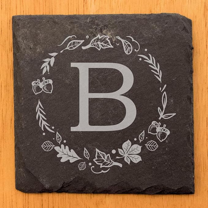 Personalized Monogram Family Coasters, Natural Stone Set, Birthday, Wedding, Customized, Rustic - Square Slate - Set of 4