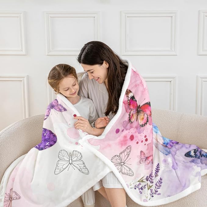 Feelyou Girls Fleece Throw Blanket Baby 30"x40" Kids Watercolor Butterfly Sherpa Blanket Plush Fuzzy for Bed Couch Chair Living Room, Pink Purple Bed Blanket Room Decor
