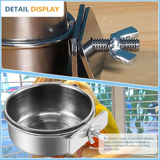 Stainless Steel Bird Feeding Bowls, 2Pcs Small Bird Feeding Cup with Holder, Parrot Food Bowl Cage Water Feeder, Pet Cage Cup Holder for Parrots, Canaries, Hamsters (Dia 7.09", 6.3")