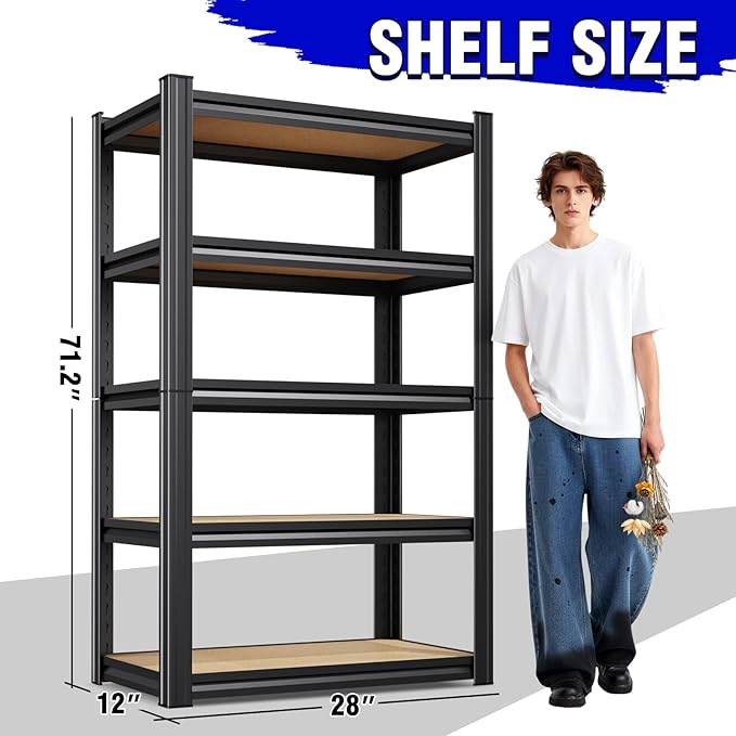 71"H Heavy Duty Garage Shelving - 1900 LBS Capacity 5-Tier Metal Storage Shelves, 71"H x 28"W x 12"D Adjustable Steel Utility Rack, Compact Storage Shelf for Pantry, Closet, Basement, Shed - Black