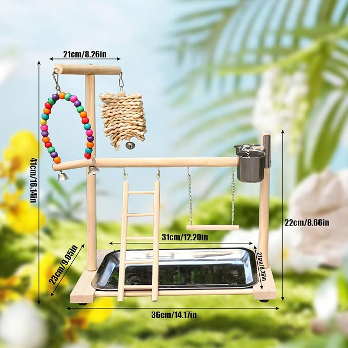 Bird Stand, Natural Wood, Parrot Playground with Removable Tray & 2 Stainless Steel Feeder Cups, Suitable for Parakeet, Conure, Cockatiel, Lovebird, Canary, Lorikeet & African Grey