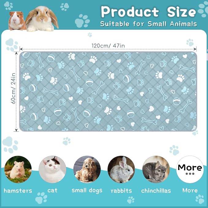 3 Packs Washable Guinea Pig Cage Liners with with Paw Print, Waterproof Guinea Pig Pee Pads Reusable Absorbent Bedding Anti Slip Mats for Small Animals Bunny Rabbit Hamster (Blue, 47 x 24in)