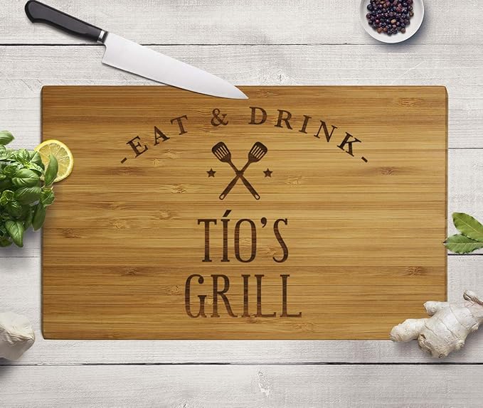 Andaz Press Large Bamboo Wood BBQ Cutting Board Gift, 17.75 x 11-inch, Tío's Grill, 1-Pack, Laser Engraved Serving Chopping Board Christmas Birthday Chef Kitchen Ideas
