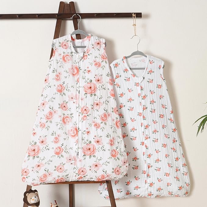 PHF 100% Muslin Cotton Baby Sleep Sacks, 18-24 Months Sleep Sack with 2-Way Zipper, 2 Pack Cooling 0.5 TOG Breathable X-Large Size Sleeveless Baby Wearable Blanket for Baby Girl, Floral