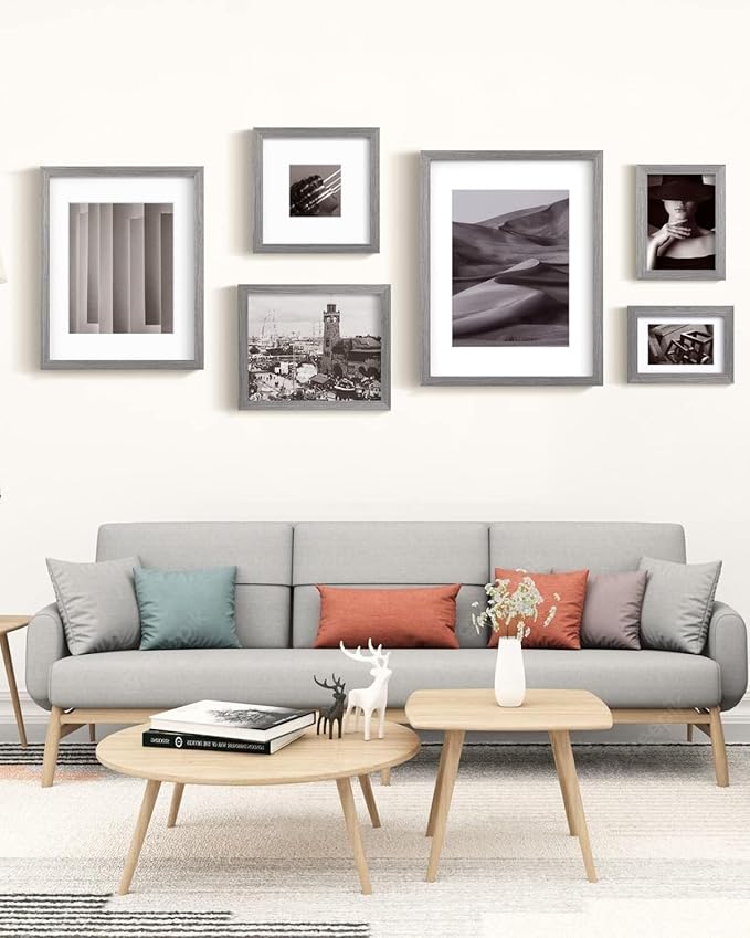 Egofine 6x8 Picture Frames Set of 4, Made of Solid Wood Covered by Plexiglass 4x6 and 5x7 with Mat or 6x8 without Mat, for Table Top Display and Wall Mounting Photo Frame Light Grey
