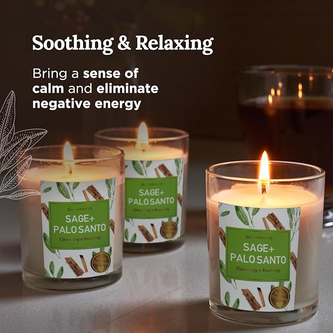 Magnificent 101 Sage & Palo Santo Candle Set - 3-Pack, 3.5 oz Each, 42h Burn - Natural Soy Candles for Energy Cleansing & Manifestation - Aromatherapy & Meditation Accessories