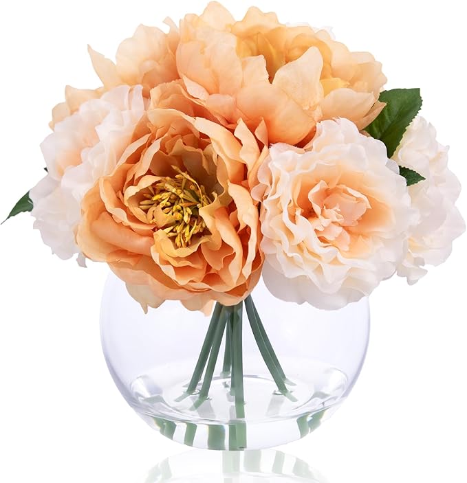 Artificial Flowers in Vase, Silk Peonies Flowers for vase with Faux Water for Coffee Table Decor, Fake Flower Arrangements Thanksgiving Fall Winter Dinning Table Centerpieces & Gift (Apricot & Nude)