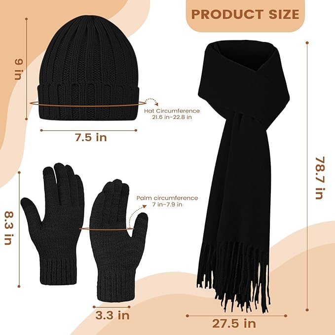 Women Winter Hat Beanie+Long Scarf+Touch Screen Gloves Set, Warm Clothes Set with Knit Fleece Lined for Women/Men Winter