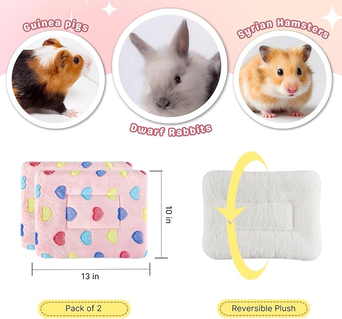 2 Pcs Bunny Bed, Washable Rabbit Bed, Double-Sided Fleece Sleeping Pad for Guinea Pig, Dwarf Rabbit, Chinchilla, Ferret, Hamster, Warm Small Animal Cage Mat, 13x10in, Pink Heart