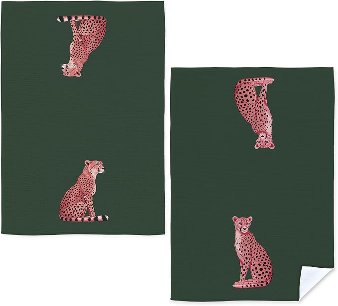 Trendy Preppy Pink Cute Leopard Kitchen Towels, Funky Retro Green Cheetah Print Decorative Dish Tea Towels for Kitchen, Girly Aesthetic Hand Towel for Bathroom Decor, 16x24 Inch Set of 2