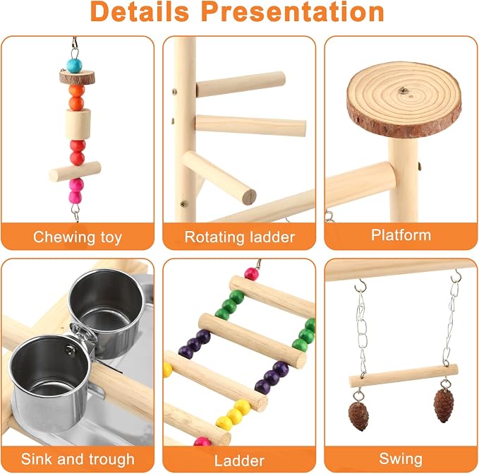 Bird Playground, Natural Pine Wood Parrot Stand with Swing, Climbing Ladder, Chew Toy and Perches, Bird Play Stand for Parakeets, Budgies, Cockatiels and Small Birds
