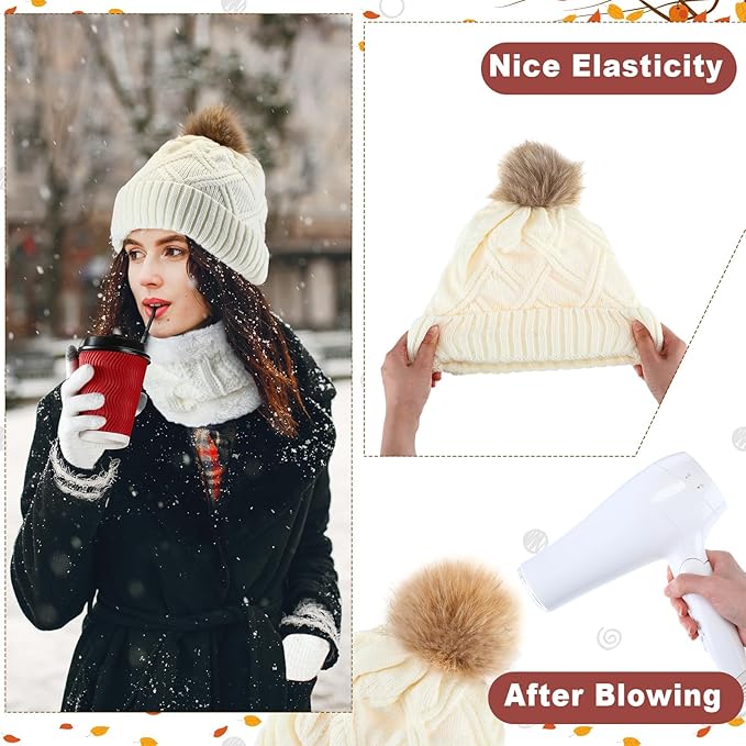 SATINIOR 5 Pcs Winter Hat Scarf Gloves Set Fleece Warm Lined Knit Beanie Hat Touch Screen Earmuff Gloves Warmer for Women(White,Stylish Style)